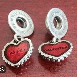 Pandora Mother & Daughter Red Heart Dangle Charms - Silver
